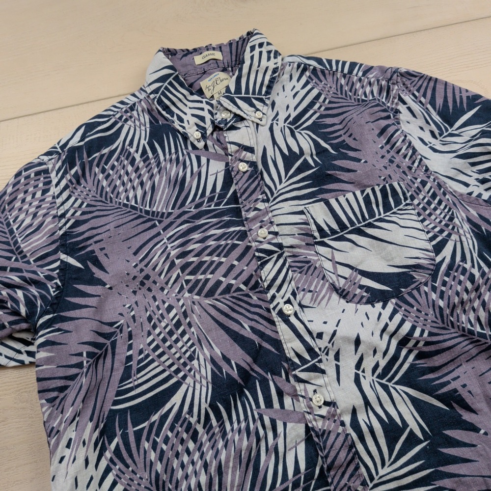 J.Crew Mens Medium 100% Linen Palm Leaf Print Short Sleeve Shirt AI852 Navy
